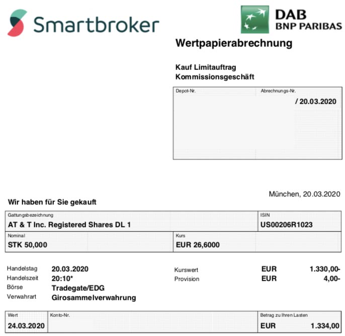 Wertpapierabrechnung Kauf AT&T im März 2020