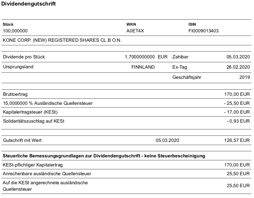 Dividendenabrechnung KONE im März 2020