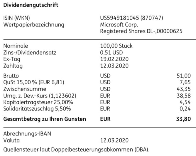 Dividendengutschrift Microsoft Aktien im März 2020