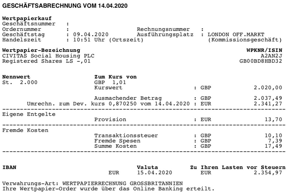 Kaufabrechnung Aktien Civitas Social Housing im April 2020