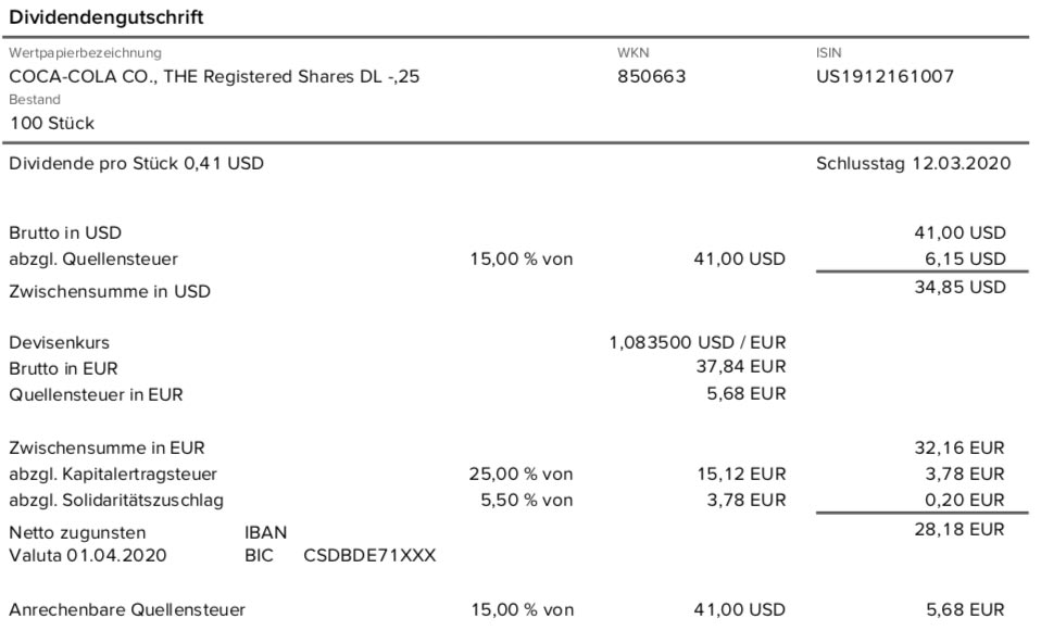 Dividendengutschrift Coca-Cola im April 2020