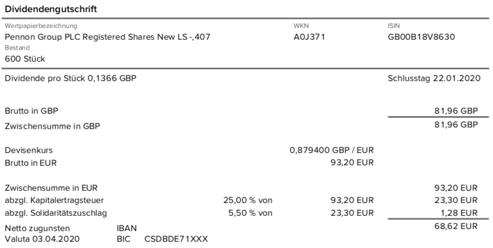 Dividendengutschrift Pennon Group im April 2020