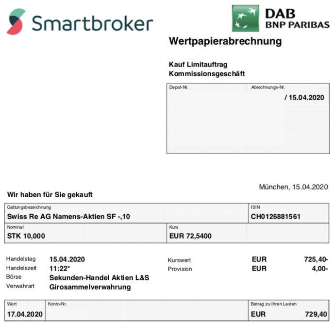 Wertpapierabrechnung Kauf Swiss Re im April 2020