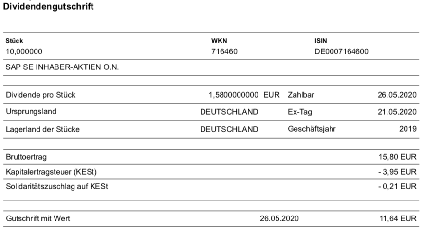 SAP Dividendengutschrift im Mai 2020