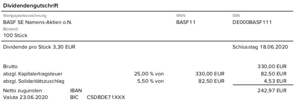 Dividendengutschrift BASF im Juni 2020