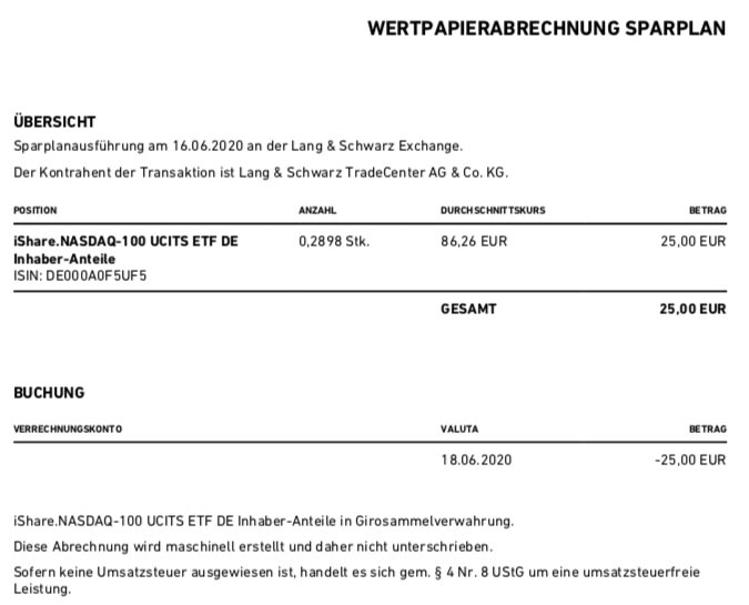 Sparplanabrechnung iShares Nasdaq 100 im Juni 2020