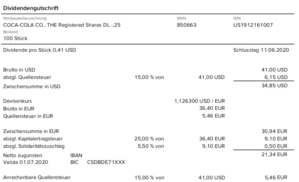 Dividendengutschrift Coca-Cola im Juli 2020 der Consorsbank 