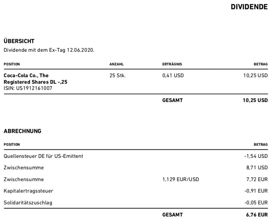 Dividendengutschrift Coca-Cola im Juli 2020 bei Trade Republic