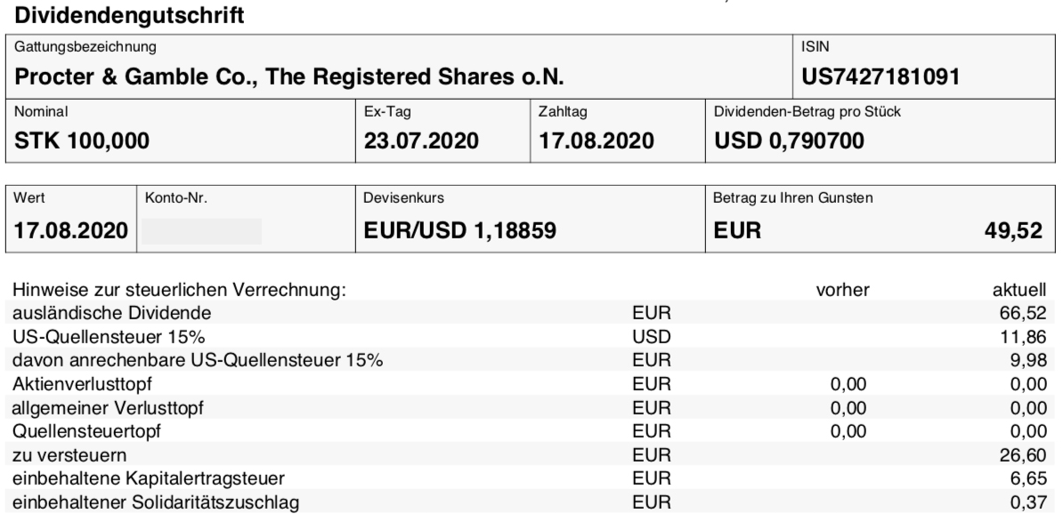 Dividendengutschrift Procter & Gamble im August 2020