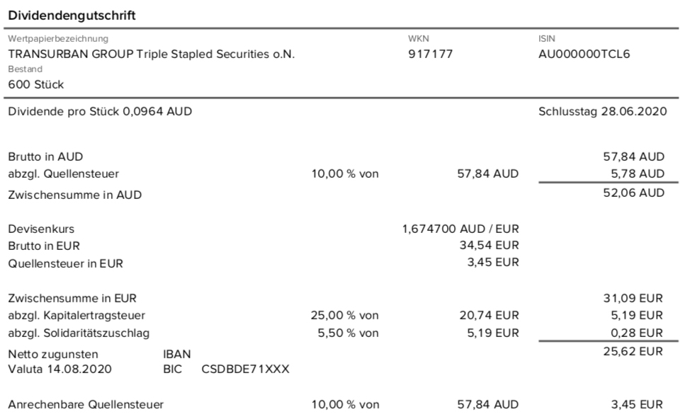 Dividendengutschrift Transurban Group im August 2020 mit 10% Quellensteuer