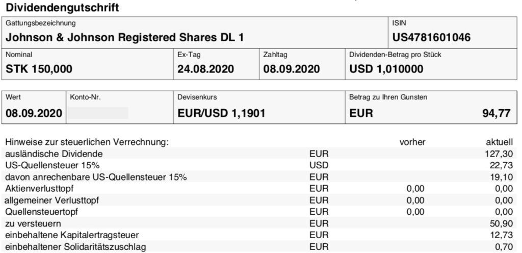 Dividendengutschrift Johnson & Johnson im September 2020