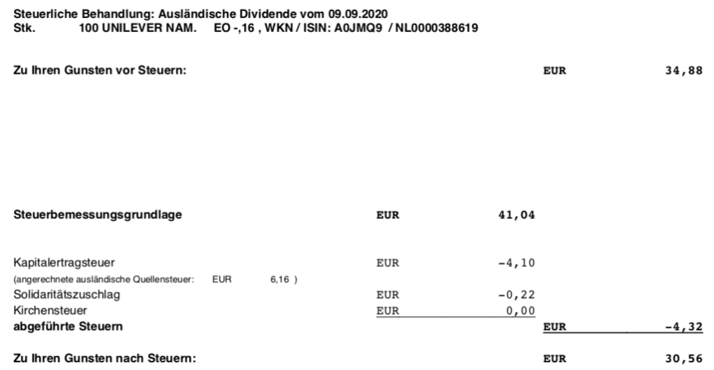 Dividendengutschrift Unilever im September 2020 Steuerabrechnung