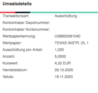 Texas Instruments Dividende im November 2020 als Kontoumsatz beim Smartbroker