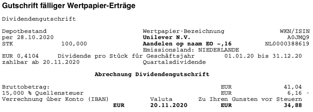 Dividendengutschrift Unilever im November 2020