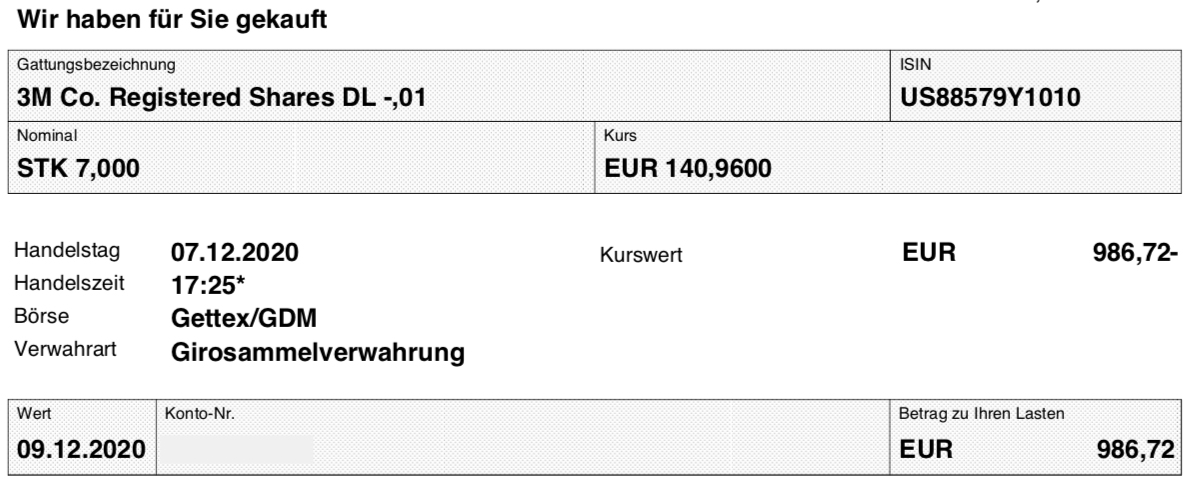 Kaufabrechnung 3M-Aktien im Dezember 2020