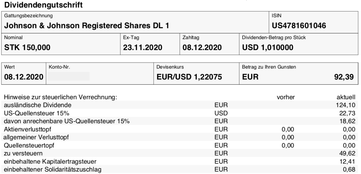 Dividendengutschrift Johnson & Johnson im Dezember 2020