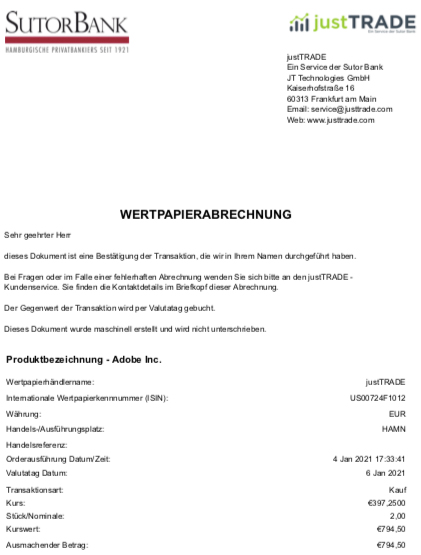 Wertpapierabrechnung Adobe im Januar 2021