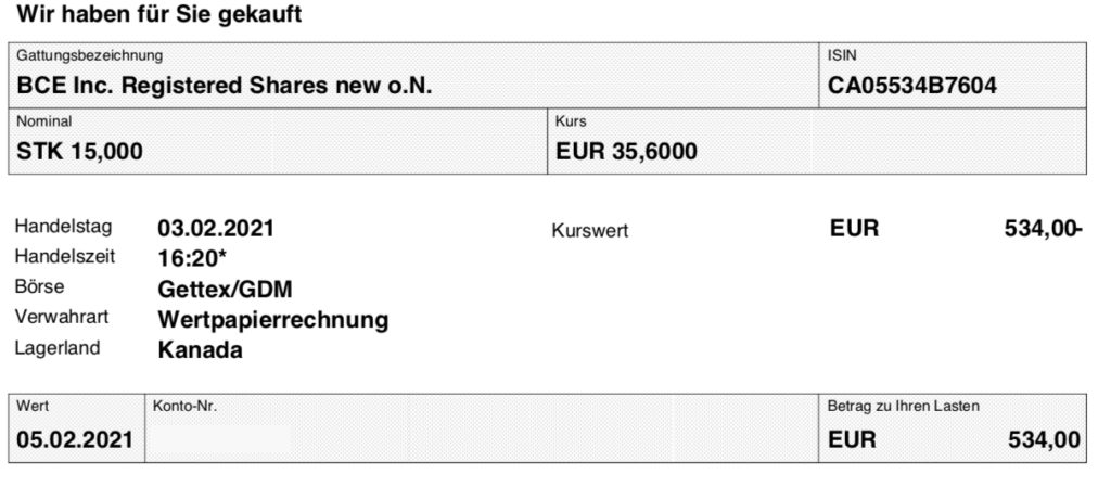 Kaufabrechnung BCE im Februar 2021