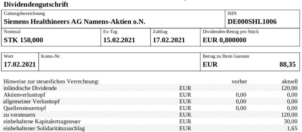 Dividendengutschrift Siemens Healthineers im Februar 2021