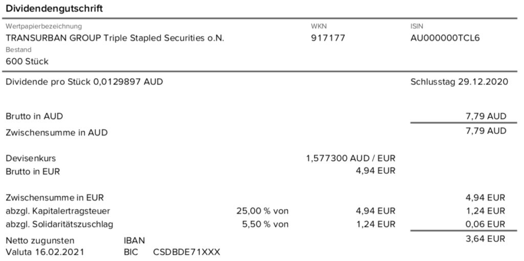 Dividendengutschrift Transurban Group im Februar 2021 mit 0% Quellensteuer