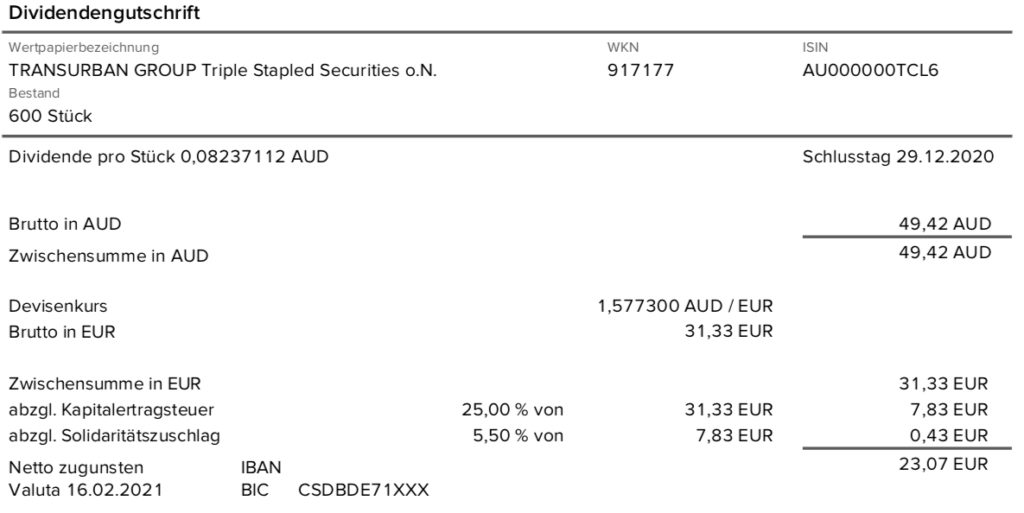 Dividendengutschrift Transurban Group im Februar 2021 ohne Quellensteuer