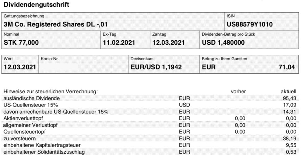 Dividendengutschrift 3M im März 2021