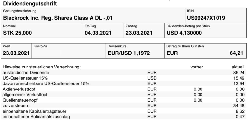 Dividendengutschrift BlackRock im März 2021