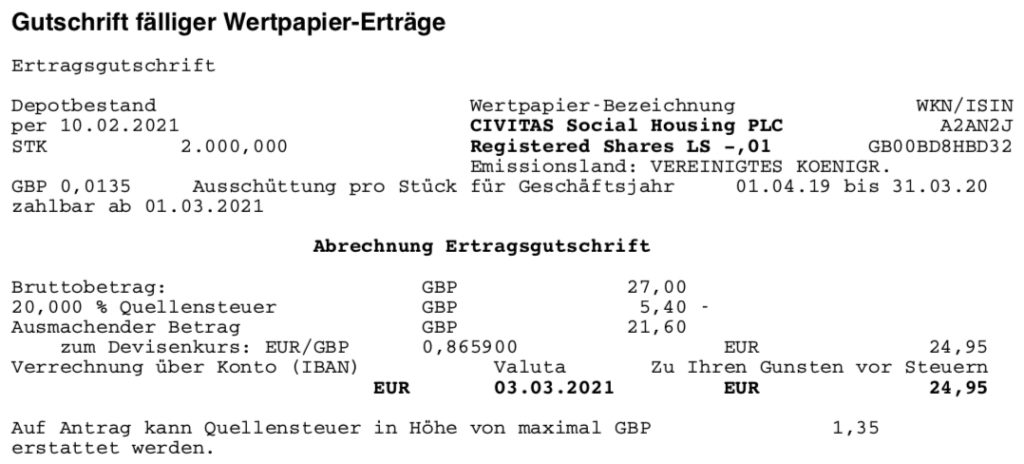 Dividendengutschrift Civitas Social Housing im März 2021