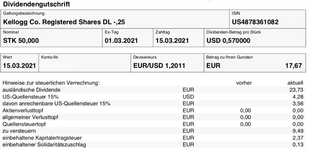 Dividendengutschrift Kellogg im März 2021