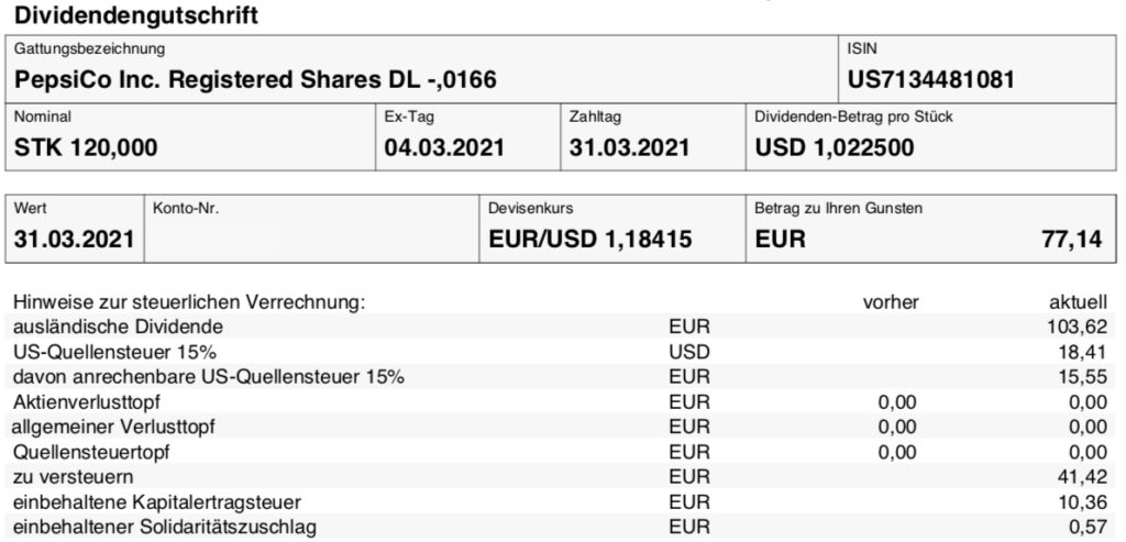 Dividendengutschrift PepsiCo im März 2021