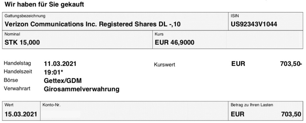 Aktienkauf Verizon im März 2021 - erste Tranche