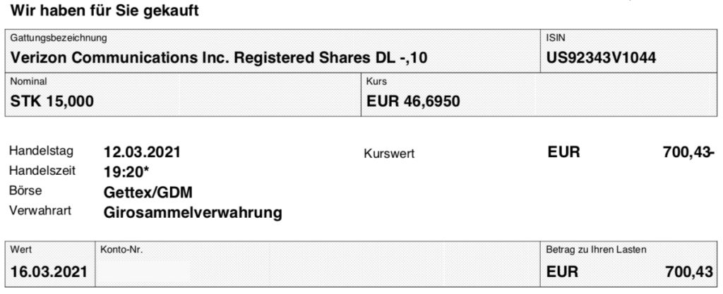 Aktienkauf Verizon im März 2021 - zweite Tranche