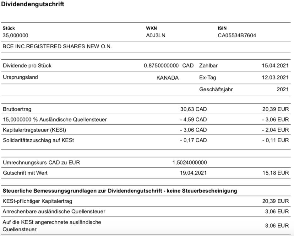 Dividendengutschrift BCE im April 2021