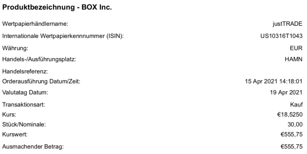 Kaufabrechnung BOX im April 2021