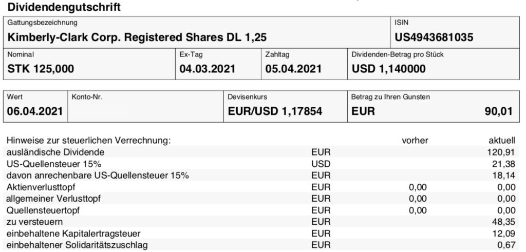 Dividendengutschrift Kimberly-Clark im April 2021