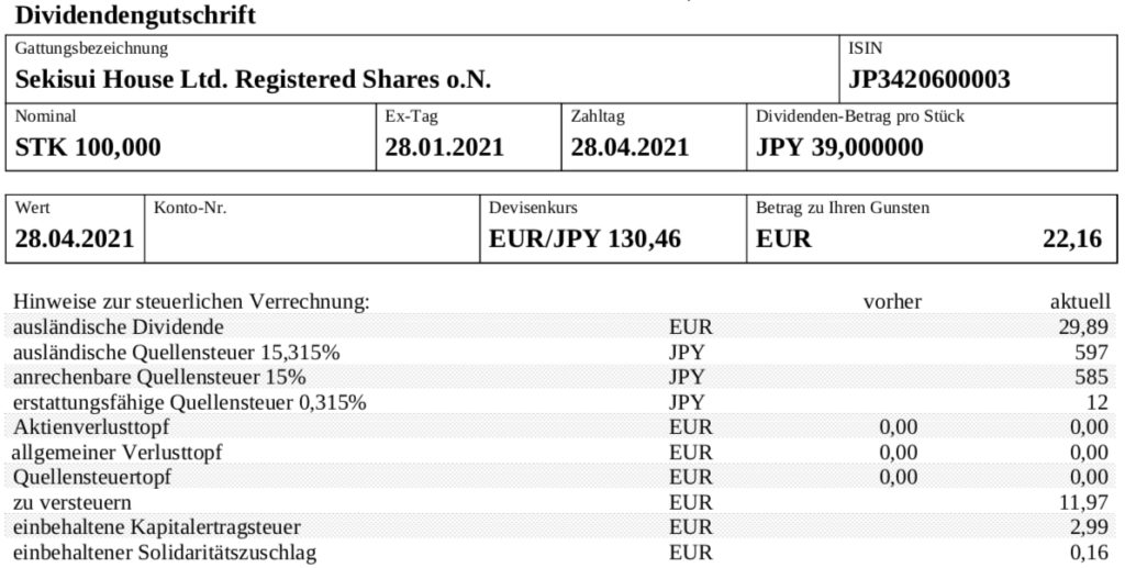 Dividendengutschrift Sekisui House im April 2021