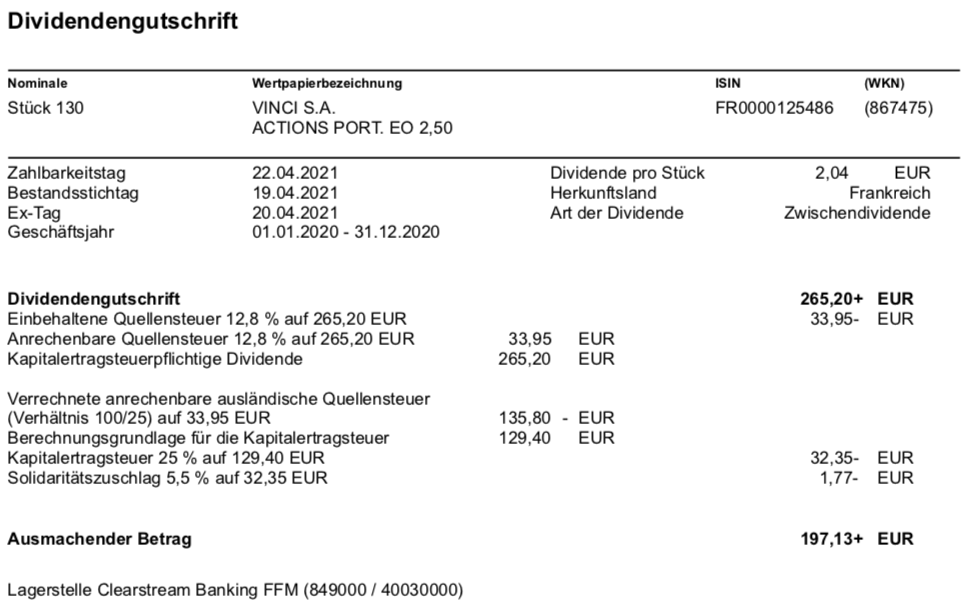 Dividendengutschrift VINCI im April 2021