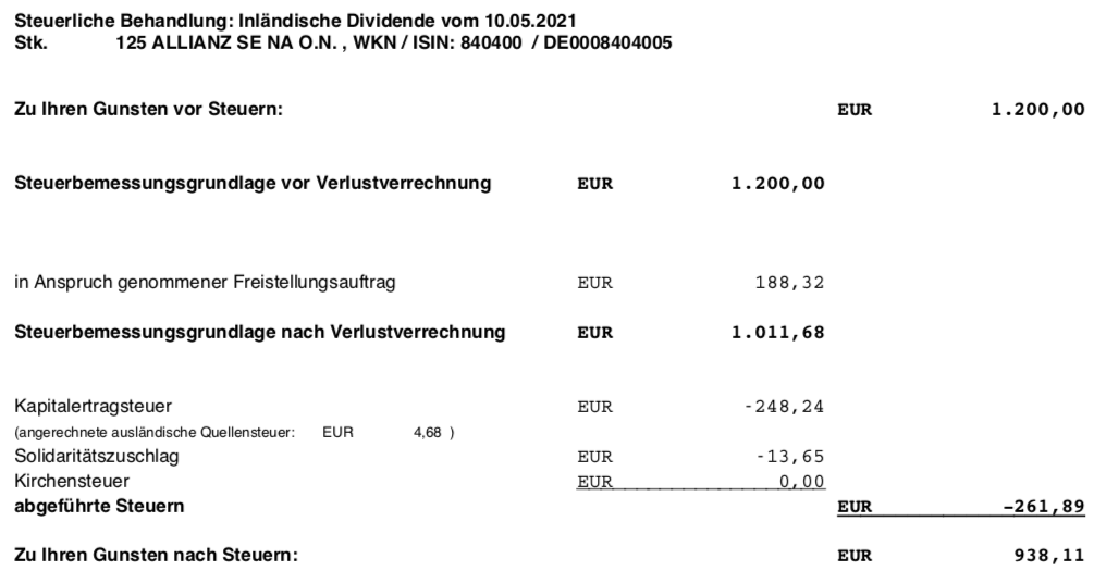 Dividendengutschrift Allianz im Mai 2021 Steuerabrechnung