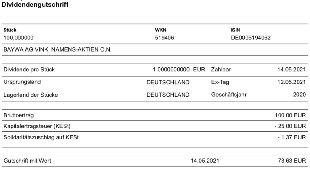 Dividendengutschrift BayWa im Mai 2021