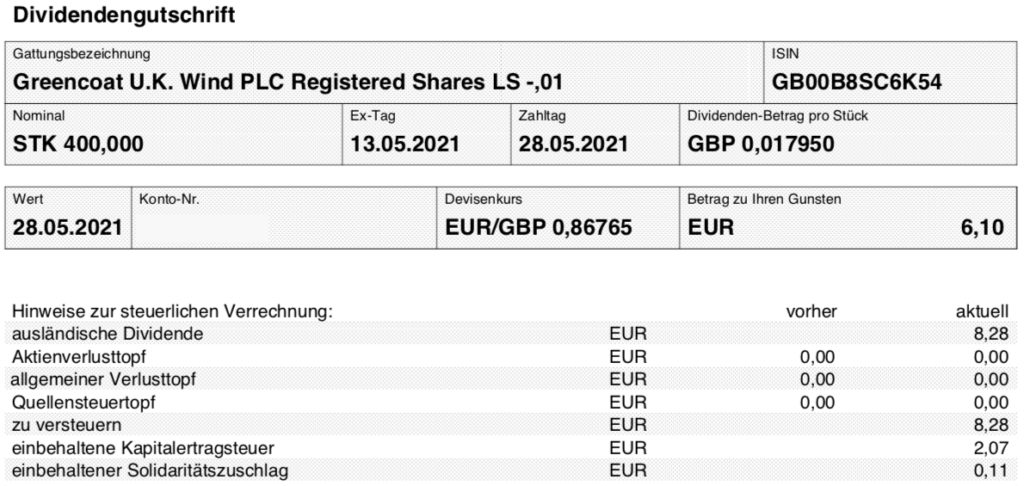 Dividendengutschrift Greencoat UK Wind im Mai 2021