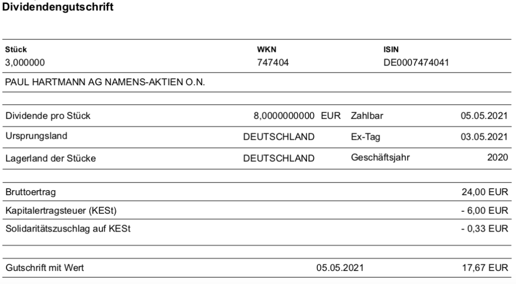 Dividendengutschrift Paul Hartmann im Mai 2021