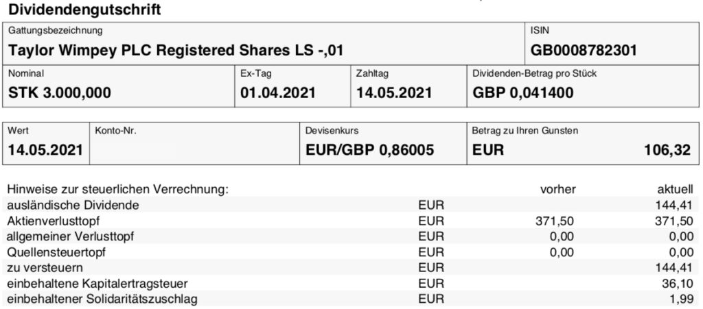 Dividendengutschrift Taylor Wimpey im Mai 2021