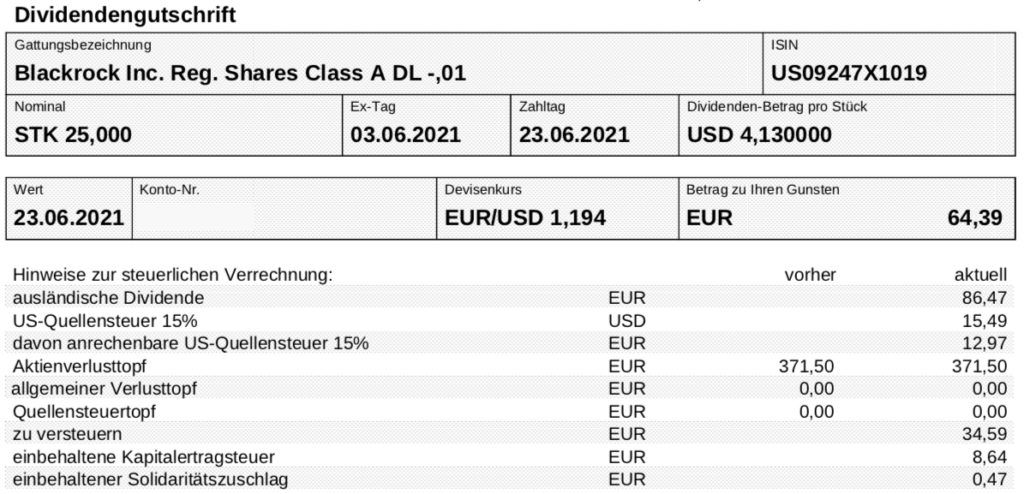 Dividendengutschrift BlackRock im Juni 2021