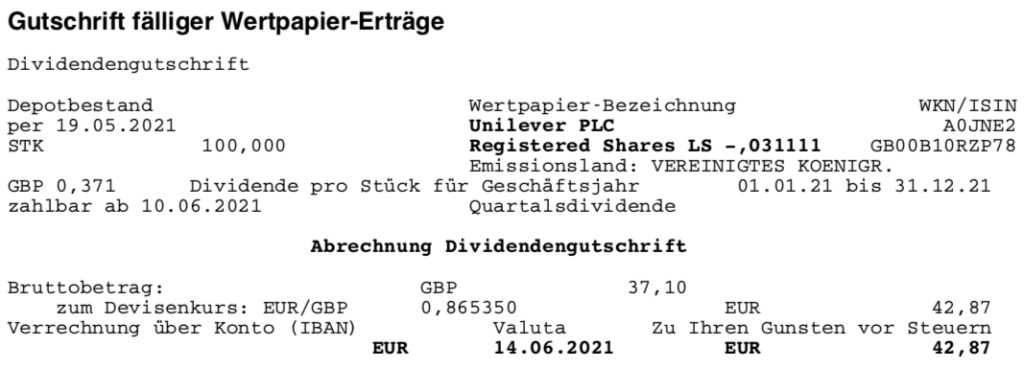 Unilever Dividendengutschrift im Juni 2021