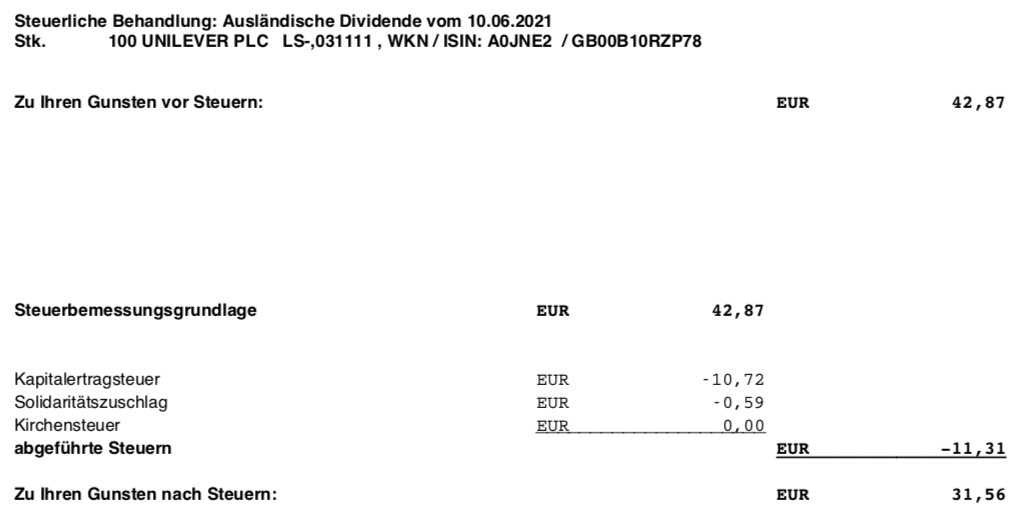 Unilever Dividendengutschrift im Juni 2021 Steuer