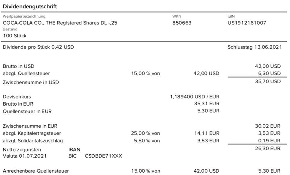 Dividendengutschrift Coca-Cola im Juli 2021 bei der Consorsbank