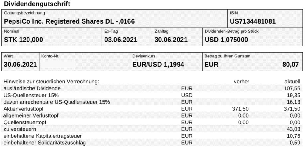 Dividendengutschrift PepsiCo im Juni 2021