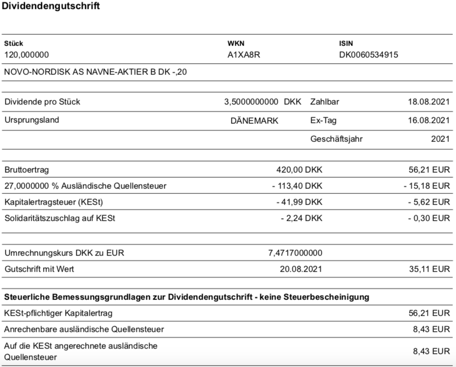Dividendengutschrift Novo Nordisk im August 2021