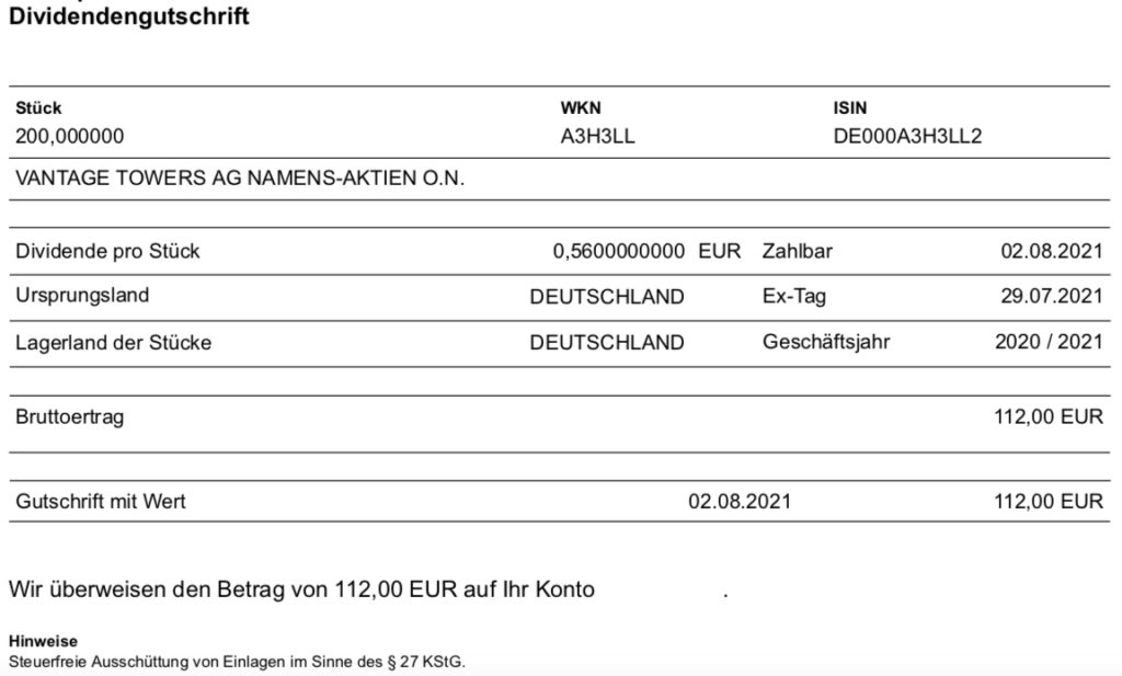 Dividendengutschrift Vantage Towers im August 2021