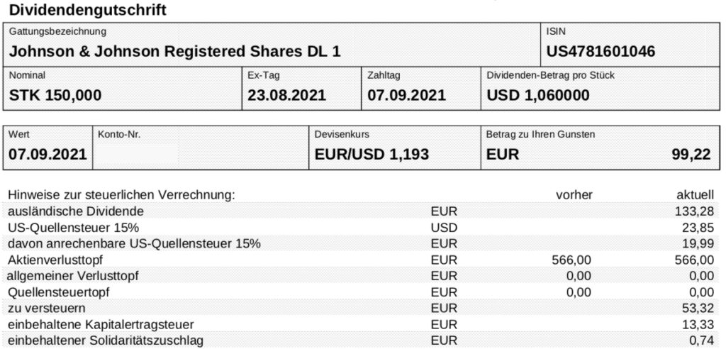 Dividendengutschrift Johnson & Johnson im September 2021